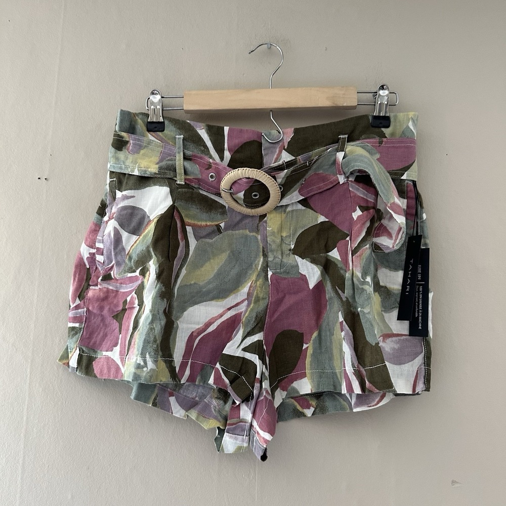 Tahari Womens Linen Belted Shorts Size L NWT Multicolor Abstract Floral Coastal